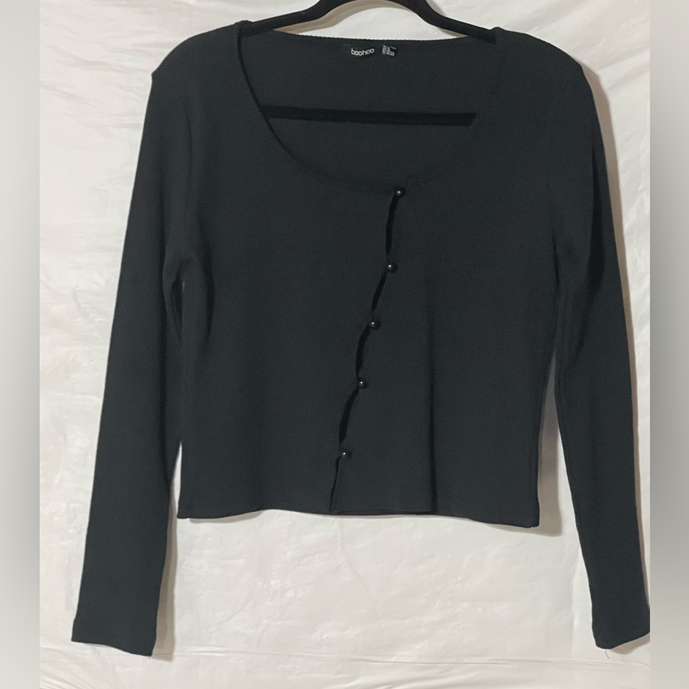 Boohoo Black Diagonal Button-Down Long Sleeve Top - image 1